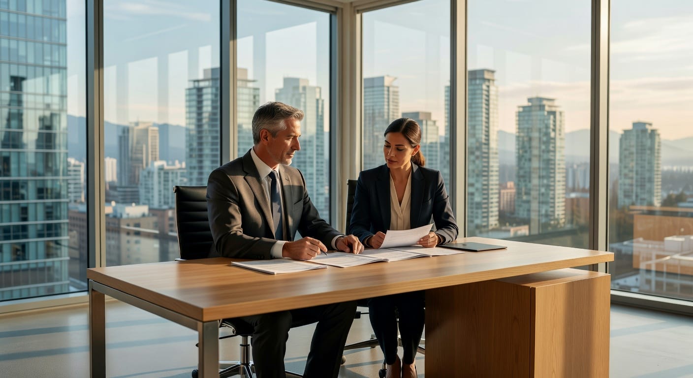 Employment lawyer and client reviewing severance documents in a modern Vancouver office