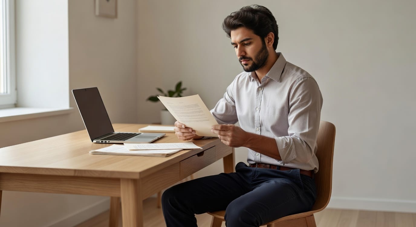 BC employee reviewing a termination letter at a desk with documents and a laptop