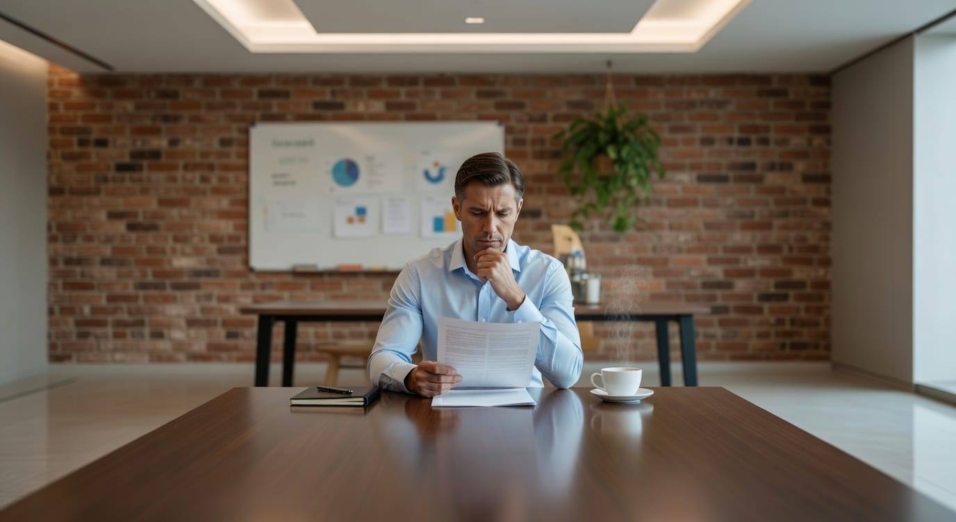 Professional in a modern office looking concerned while reviewing employment documents