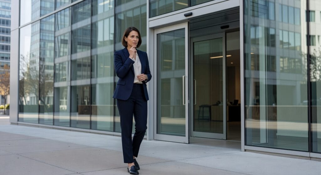 Employee standing at the entrance of a modern office building, looking uncertain about returning to work